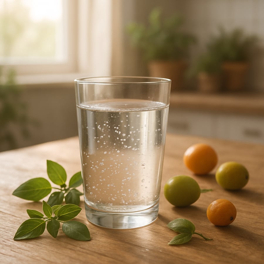 The image features a clear glass of water placed on a wooden table reflecting soft morning light that filters through a nearby window Inside the glass-1